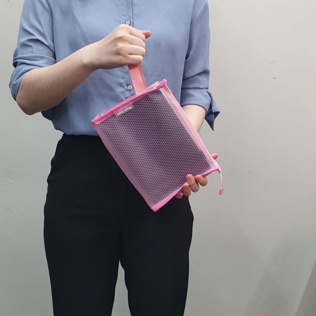 격자무늬 PVC 투명 파우치 핑크