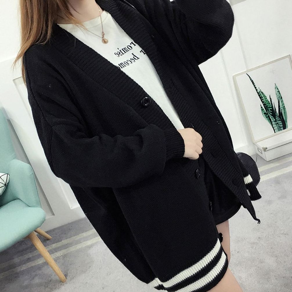 흰색라인 포인트 여성 가디건 단추 여밈 검정색 패션