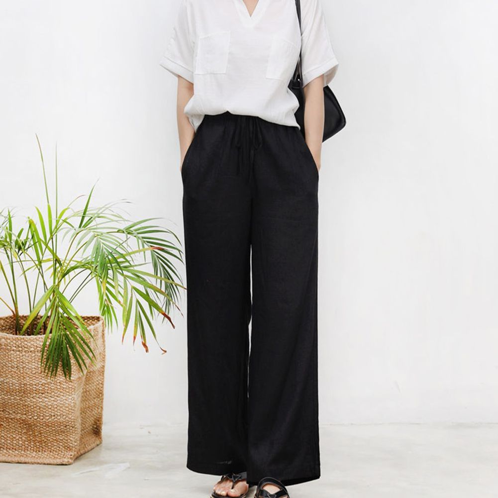 여자 통 바지 린넨 허리 밴딩 데일리 와이드 팬츠