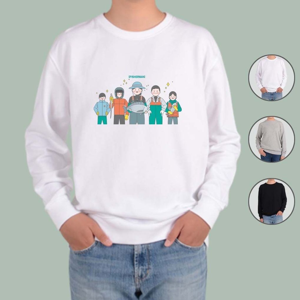 맨투맨 남여공용 어부 생선 어촌 풍경 그림