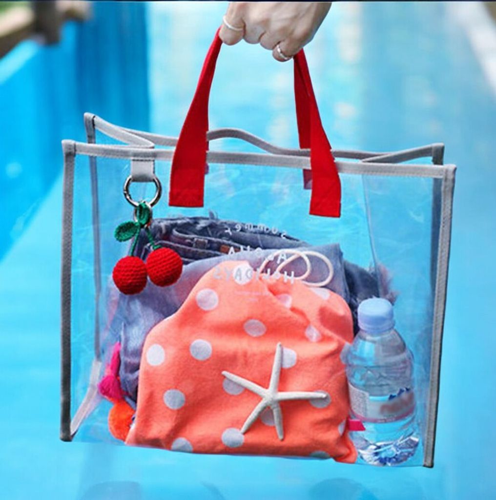 게더릭 투명 비치백 (그레이+레드)