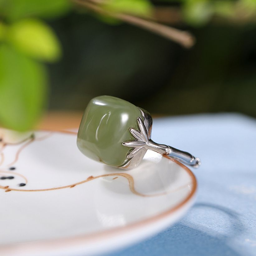 S925 대나무잎 반지 복고풍 시리즈 옥 자연주의 청옥