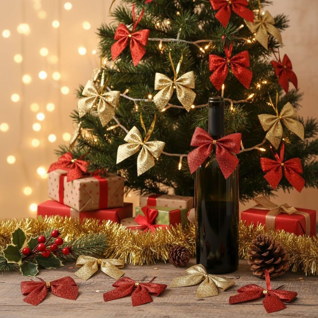 크리스마스 트리 장식 글리터 반짝이 리본 나비 행잉 장식 오너먼트 레드 골드