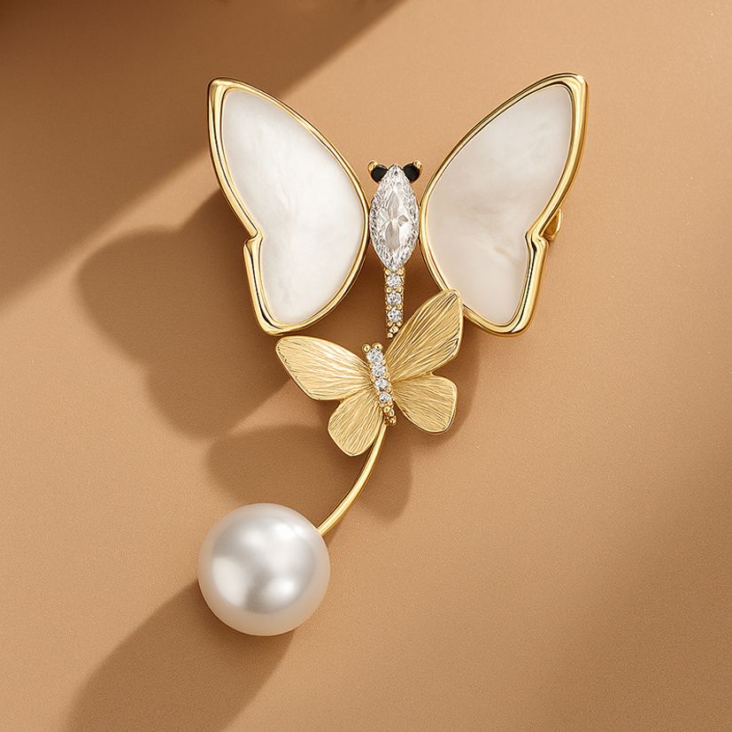 벨 에테르 펄 지르코니아 백자개 담수진주 화이트 브로치