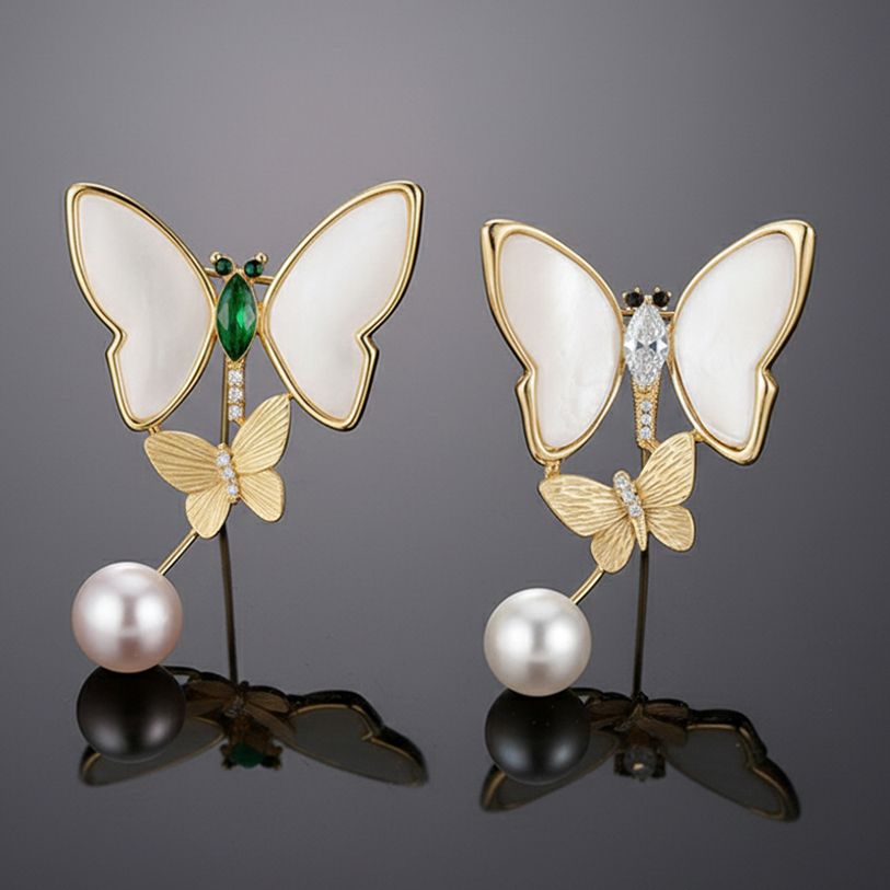 벨 에테르 펄 지르코니아 백자개 담수진주 골드 브로치