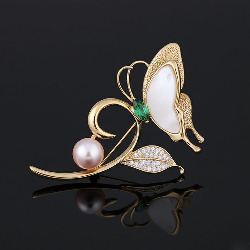백자개 담수진주 그린 지르코니아 나비 호접 브로치