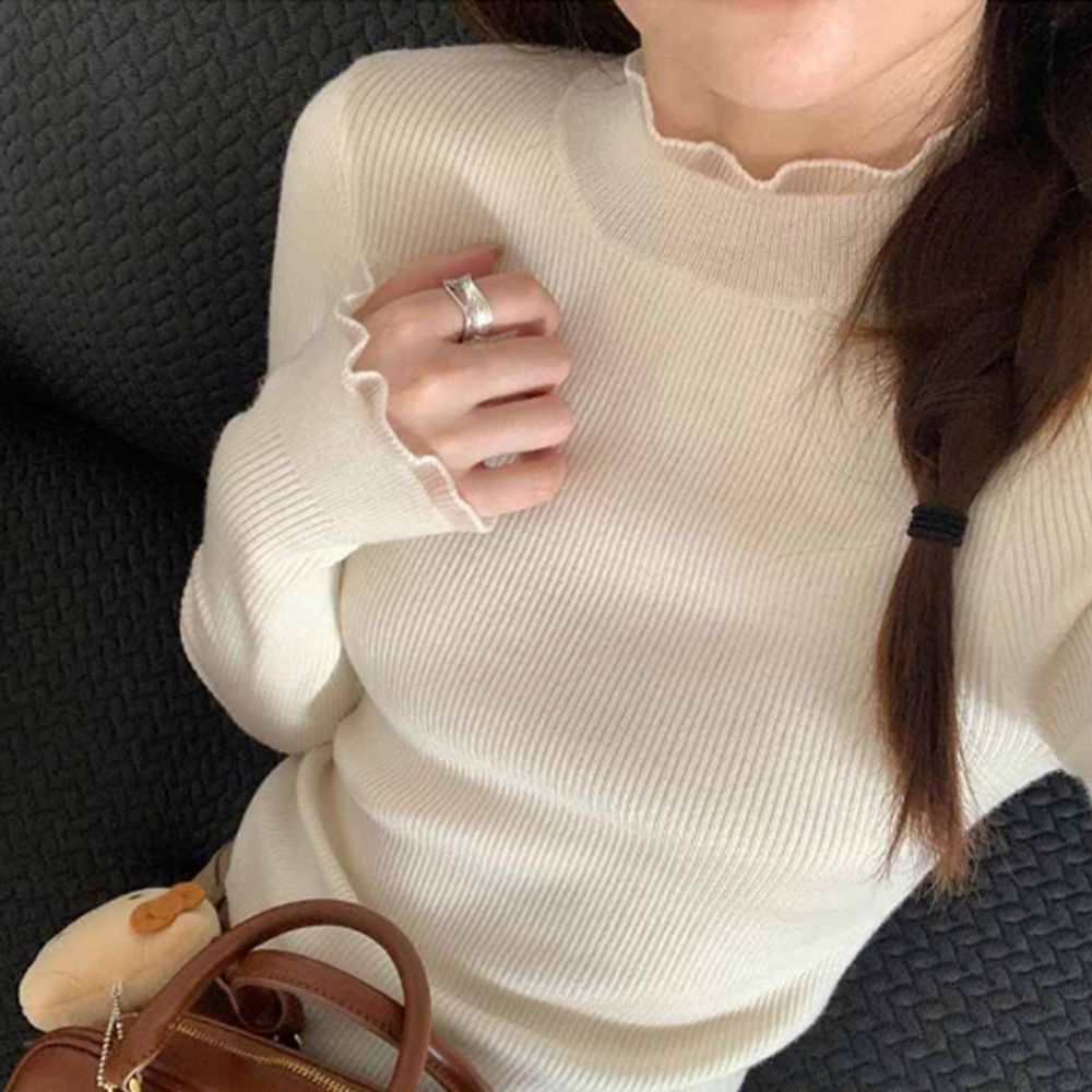 여성 하이넥 프릴 여리여리 긴팔 니트