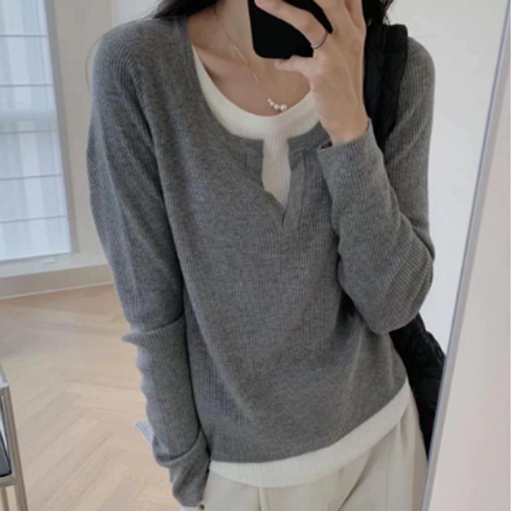 여성 슬릿 데일리 레이어드 긴팔 티셔츠