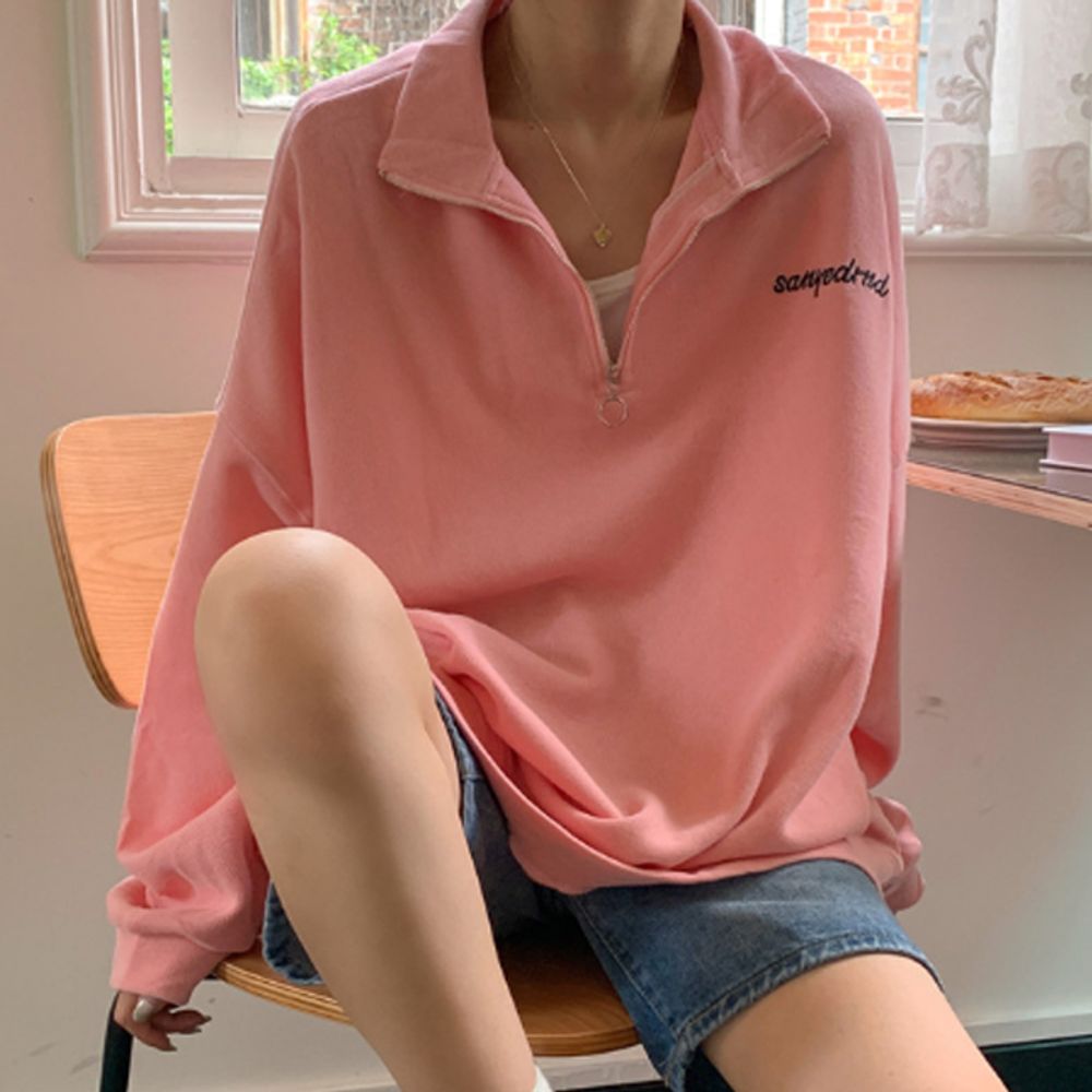 여성 기모 오버사이즈 반집업 티셔츠