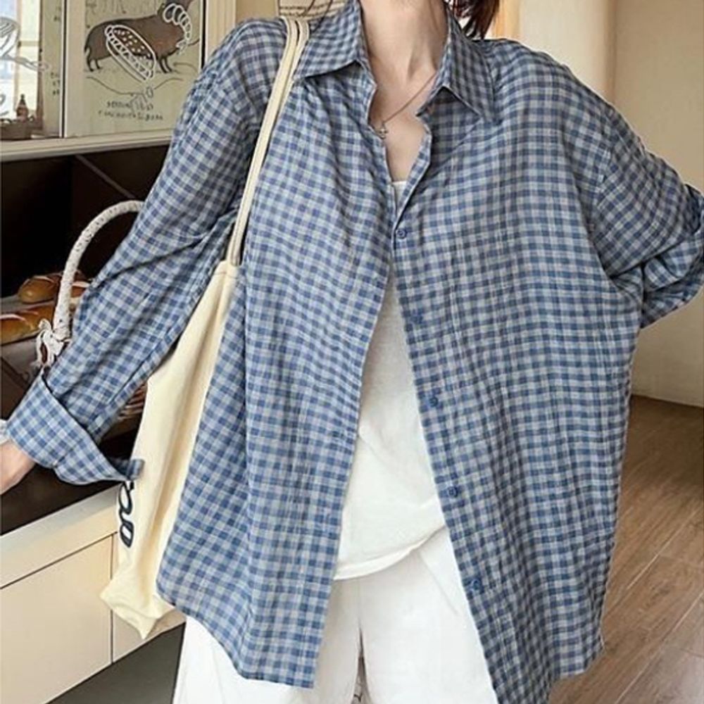 여성 스트릿 루즈핏 빈티지 체크 셔츠