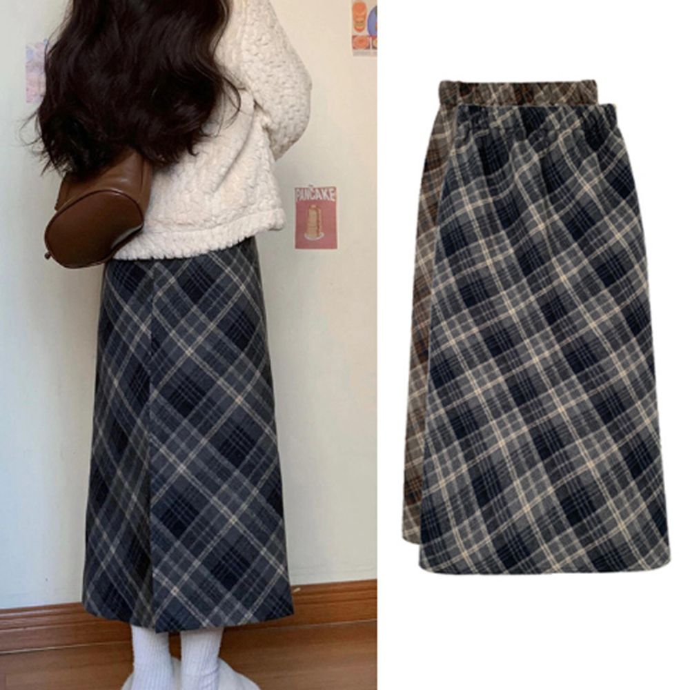 여성 가을 겨울 체크 밴딩 롱 스커트