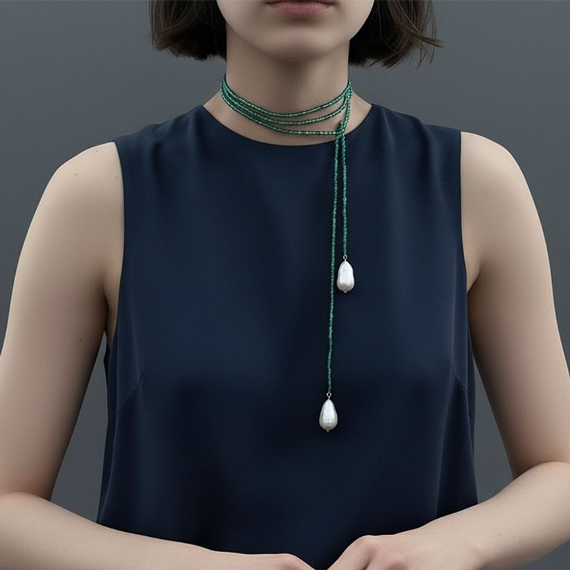 패션 쉘진주 그린 크리스탈 사계절 1m 롱 드롭 목걸이