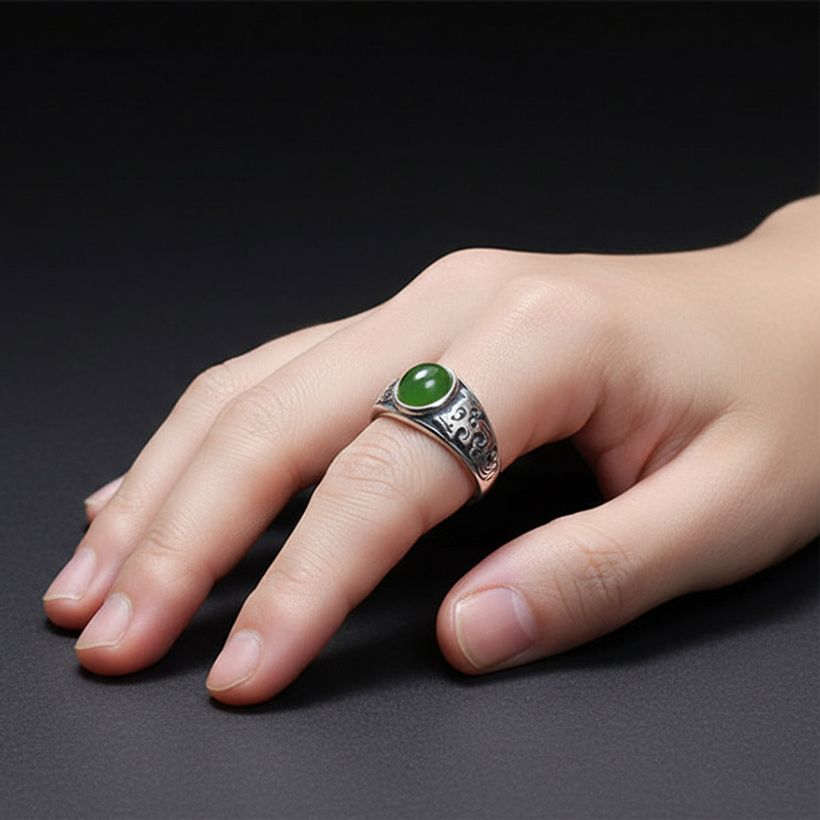 S925 남여공용 행운의 그린 마노 원석 옴자 비취 반지
