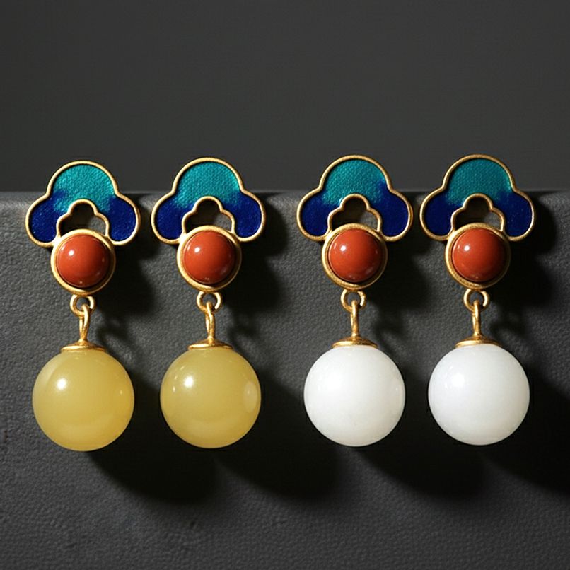 동양미 클래식 S925 8mm 칠보 백옥 황옥 홍난석 귀걸이