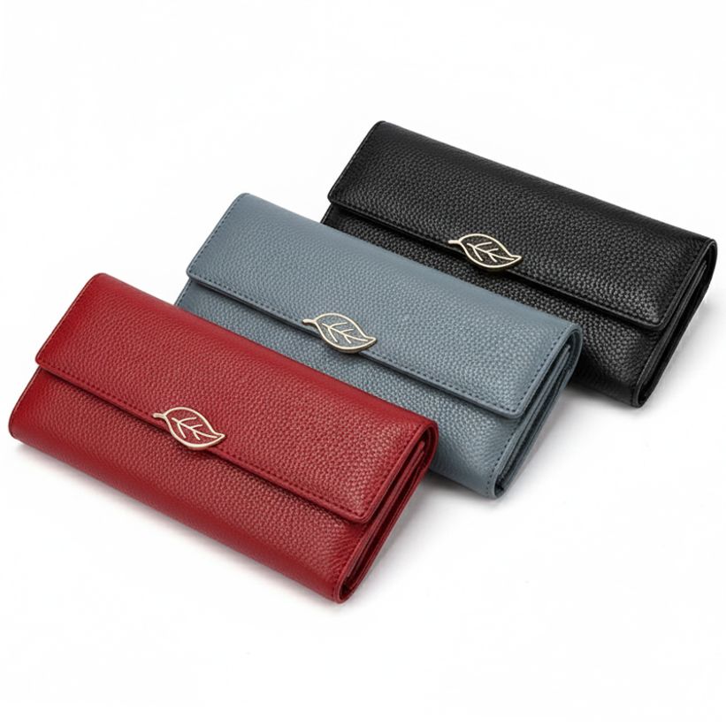 트렌디 3컬러 리얼 소가죽 엠보싱 나뭇잎 버클 장지갑