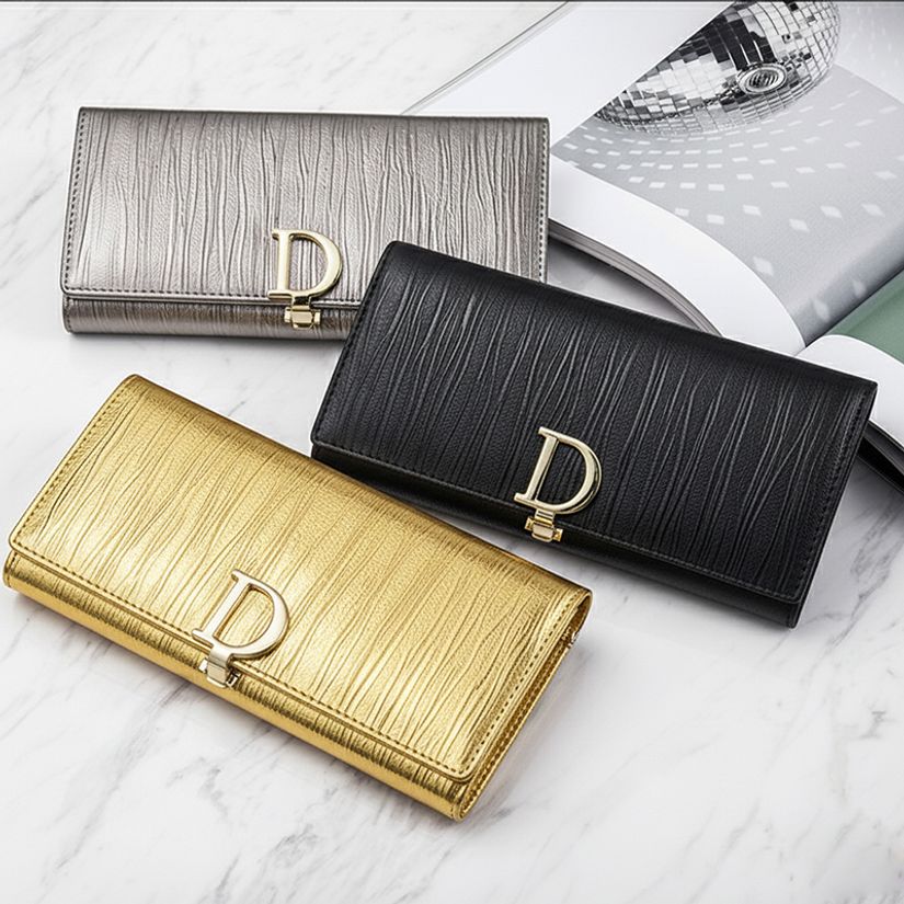 3color 물결 엠보 메탈릭 진주펄 소가죽 이니셜 장지갑