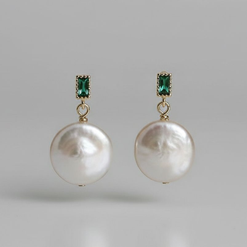 심플 플랫 담수진주 에메랄드 그린 지르코니아 귀걸이