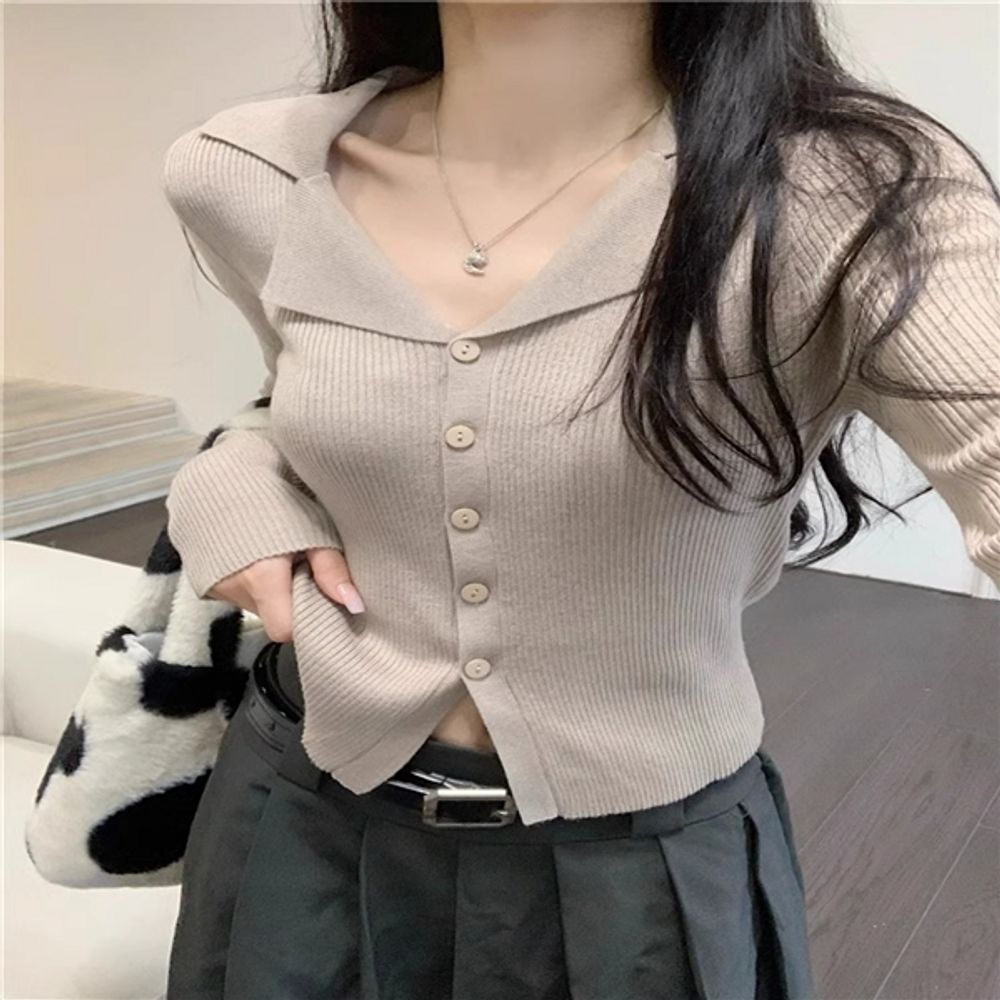 여리여리 긴팔 V넥 카라 슬림핏 니트 가디건