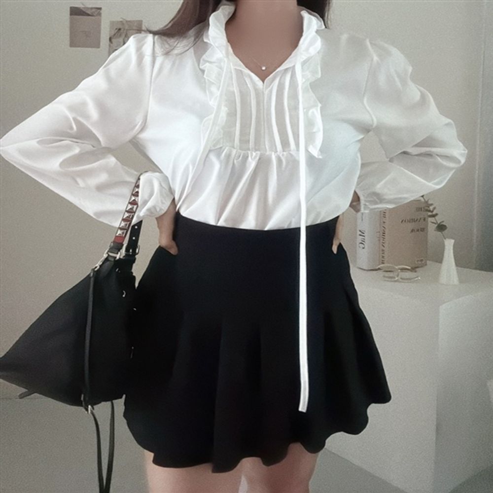 핀턱 셔링넥 러블리 긴팔 블라우스