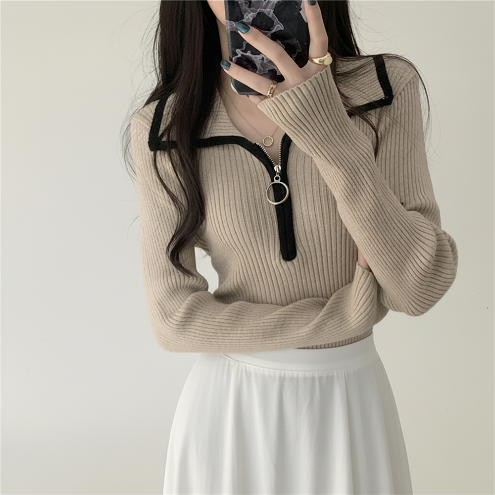 감성 모던 빅카라 포인트 반집업 니트긴팔