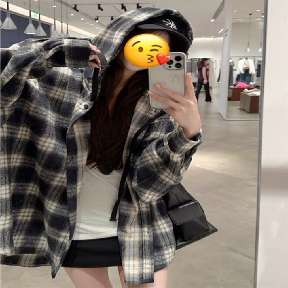 오버핏 체크 빈티지 여친룩 긴팔 후드셔츠