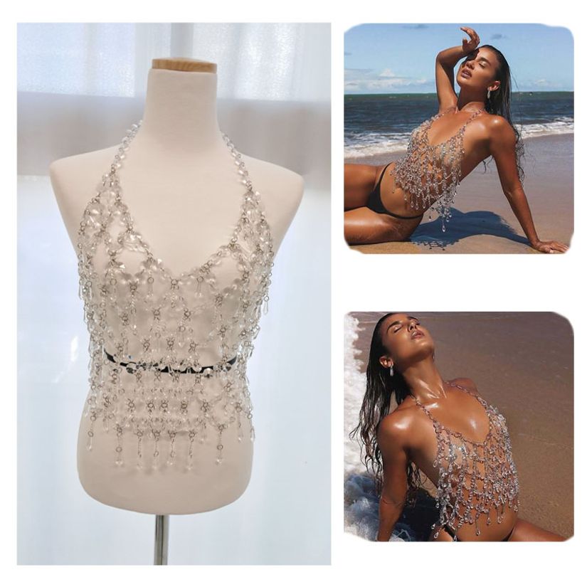 핸드메이드 펄 빅 큐빅 체인 나시 톱 브라