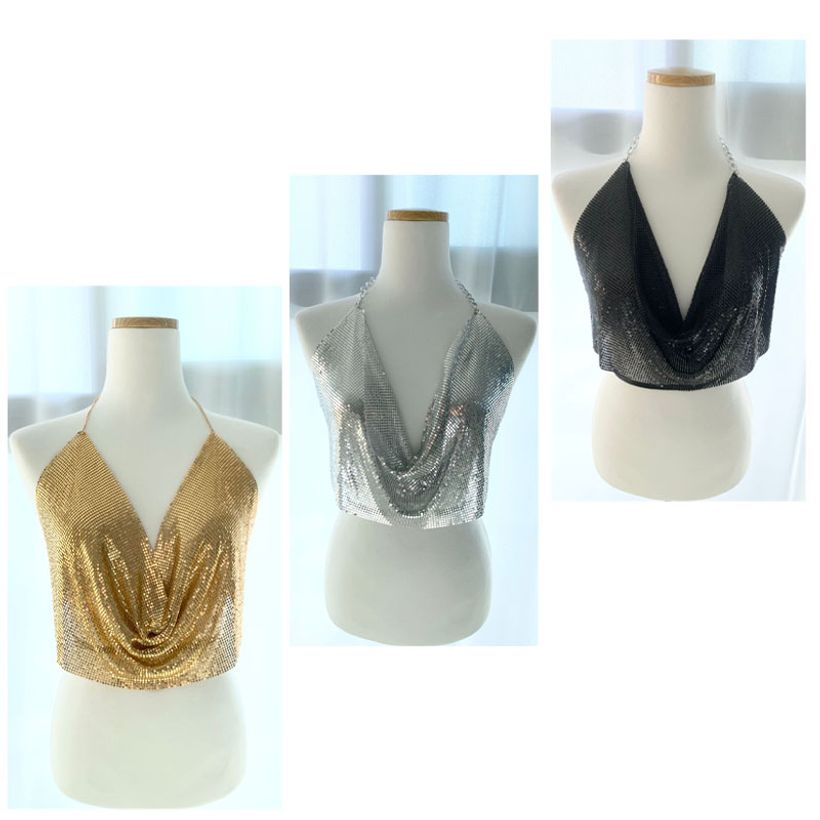 스팽글 메탈 밴드 브이넥 오픈 톱 나시