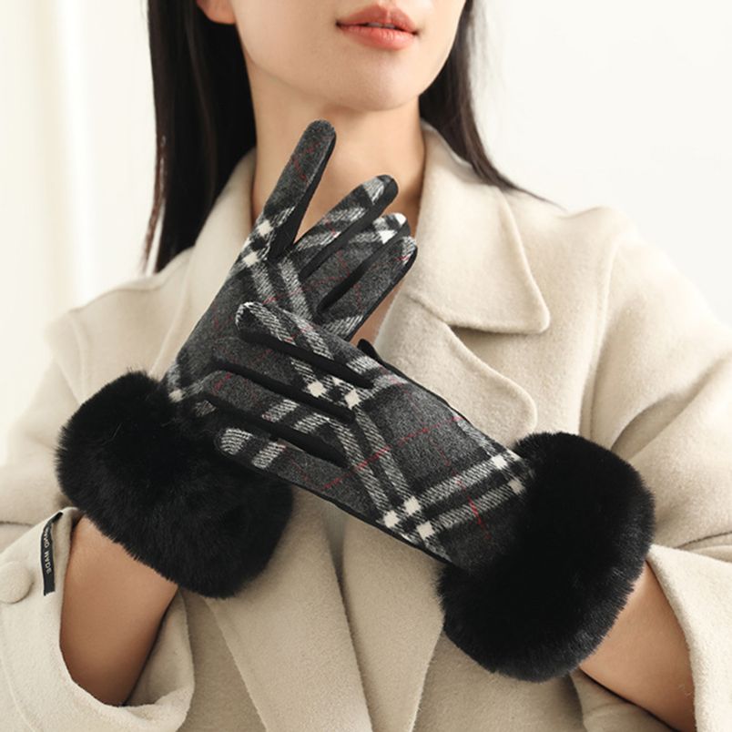 스마트 터치 클래식 체크 모직 렉스퍼 트리밍 겨울장갑 블랙