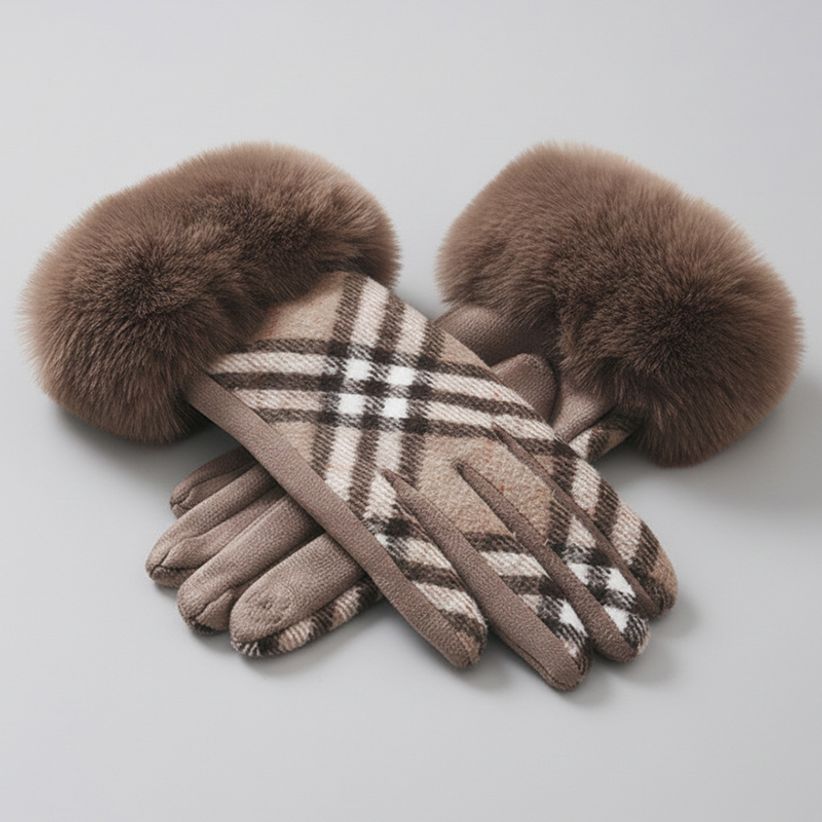 스마트 터치 클래식 체크 모직 렉스퍼 트리밍 겨울장갑 브라운