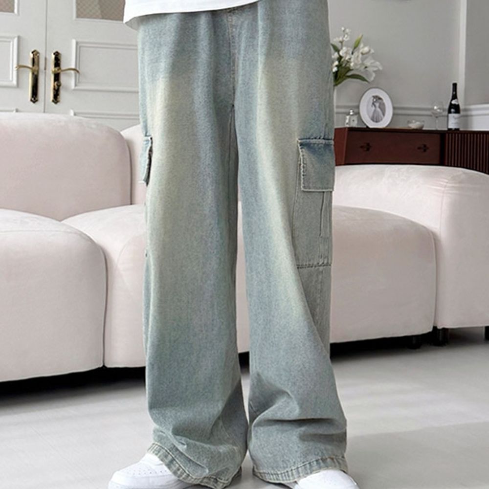 와이드 남자 데님 오버핏 밴딩 청바지 카고 남성 바지 팬츠