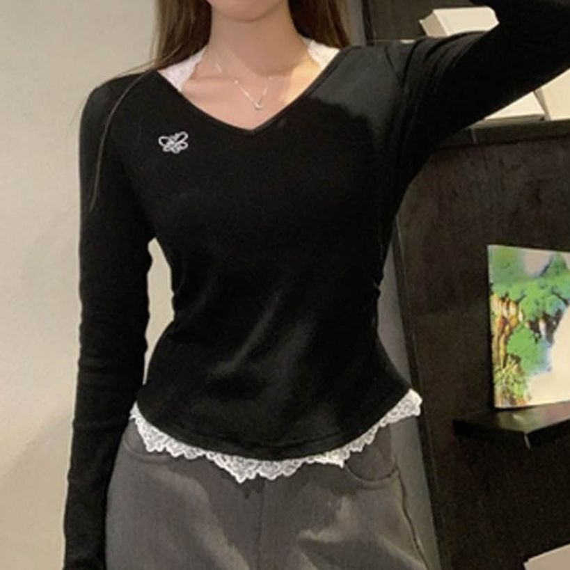 긴팔티 레이스 부드럽고 신축성 있는 소재의 여성 티셔츠