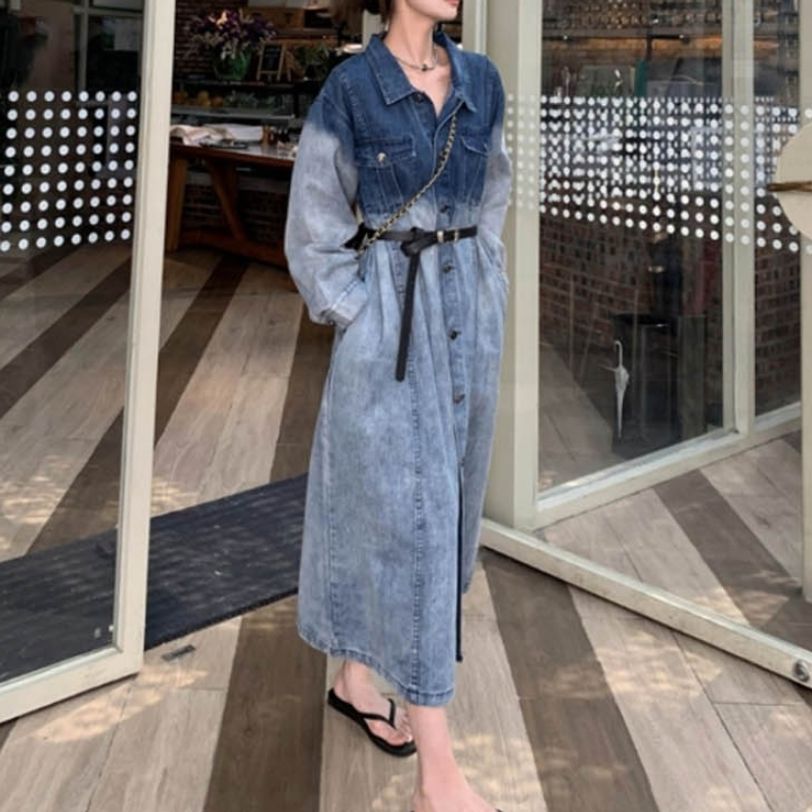 셔츠형 워싱 세련된 포인트를 살린 데님 롱 드레스