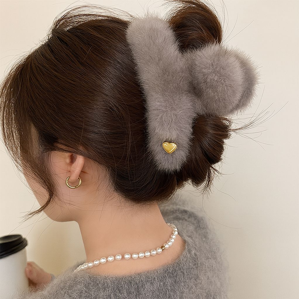 복슬밍크 헤어핀 집게핀 반묶음 헤어악세사리 베이지그레이