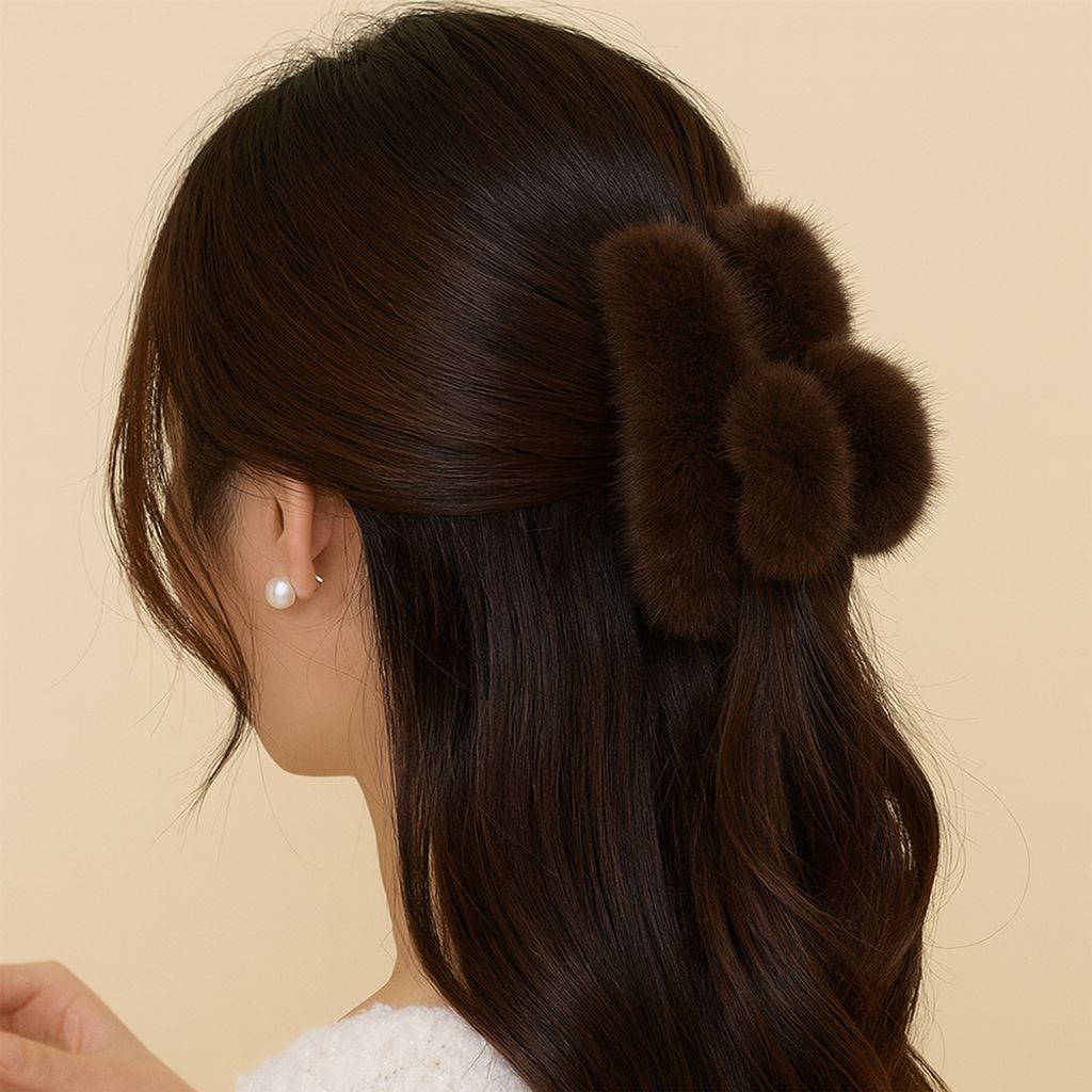 부드러운 밍크털 헤어핀 집게핀 올림머리 진갈색