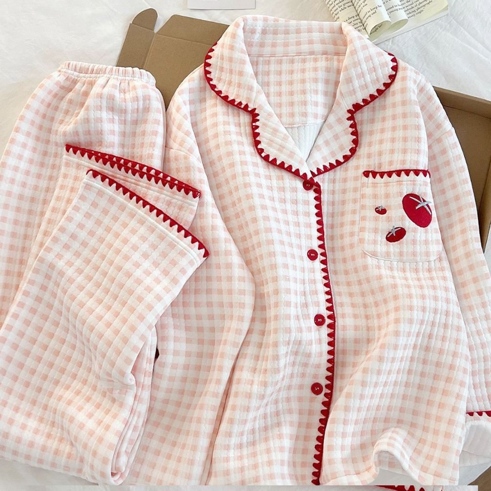 토마토 체크 누빔 잠옷 파자마 빅사이즈 겨울 도톰한 파자마 세트