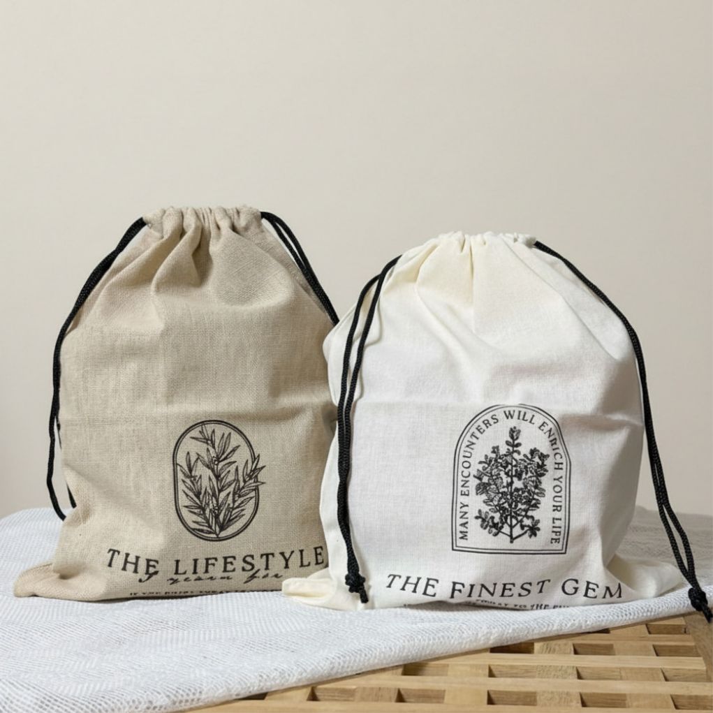 네츄럴 프린팅 린넨느낌 빅 스트링 파우치 2개입