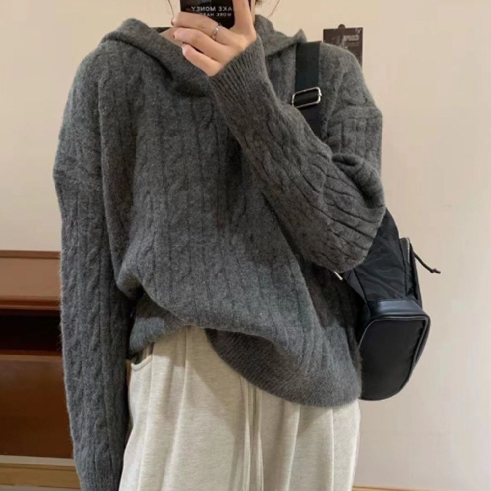 여성 3컬러 케이블 루즈핏 후드 니트