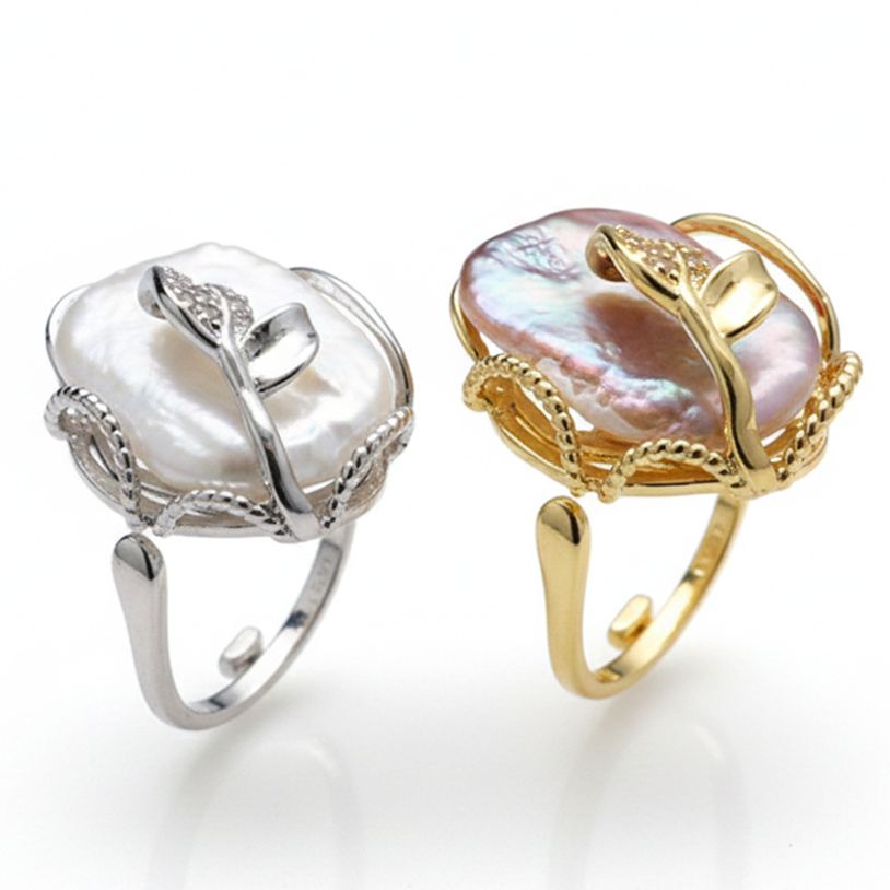 유니크 담수 바로크 진주 엔틱 플라워 오픈링 알반지