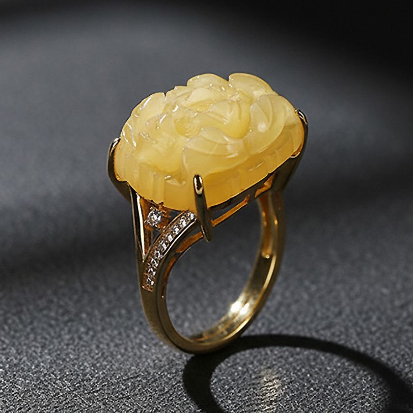 S925베이스 18k 골드 도금 호박 모란 카빙 오픈 반지