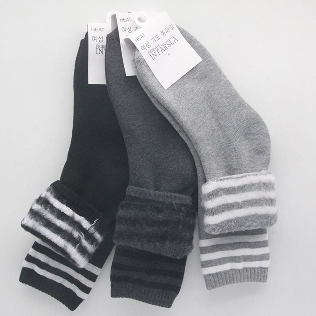 겨울 줄무늬 기모 장목양말 3켤레 방한용 두꺼운양말 남성 여성 사이즈