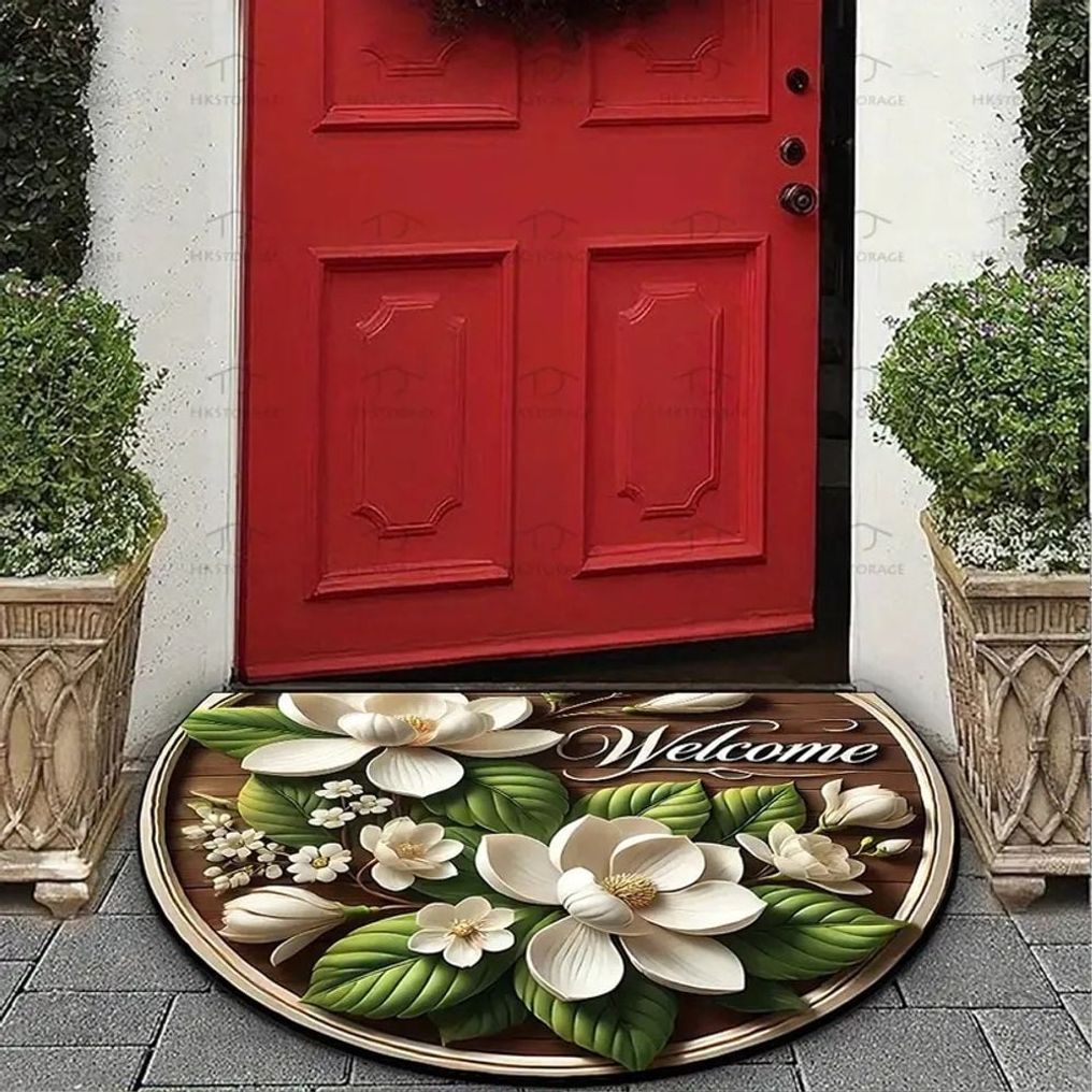 화이트 플라워 반원매트 90x60cm 현관 포인트 러그 발매트