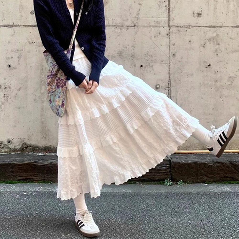 여성 러블리 밴딩 캉캉 레이스 롱스커트