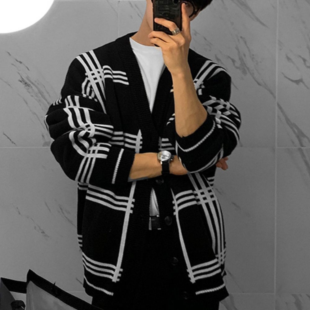 체크 남자 가디건 루즈핏 브이넥 카디건 남성 간절기 가디건