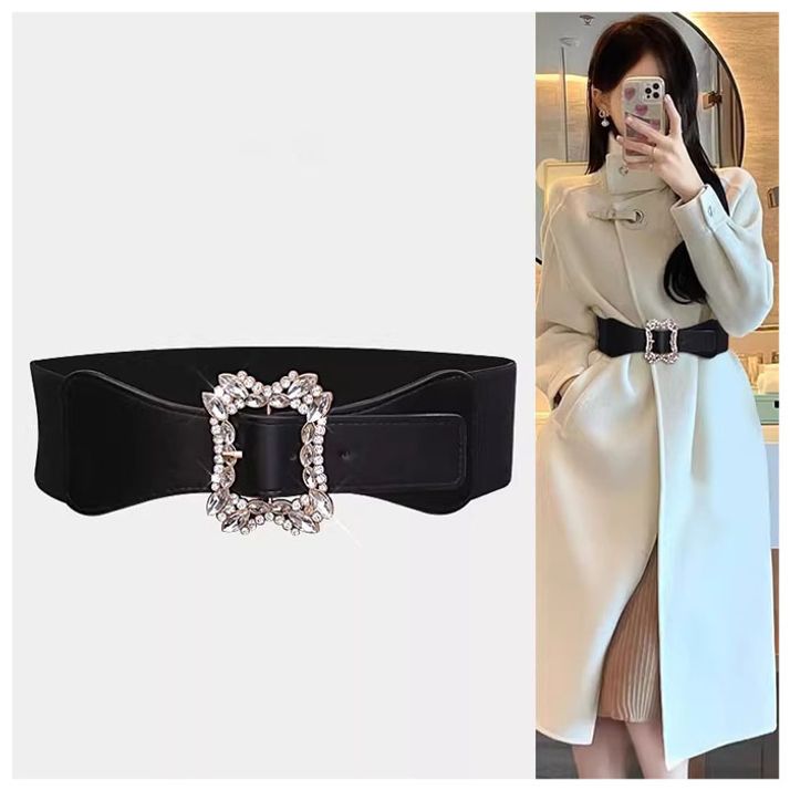 고급스러운 큐빅 니트 코트 밴딩 장식 와이드 벨트