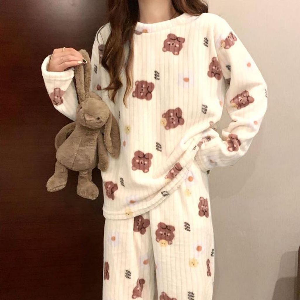 잔솔 극세사 수면잠옷 세트 겨울 여자 파자마 기모 털