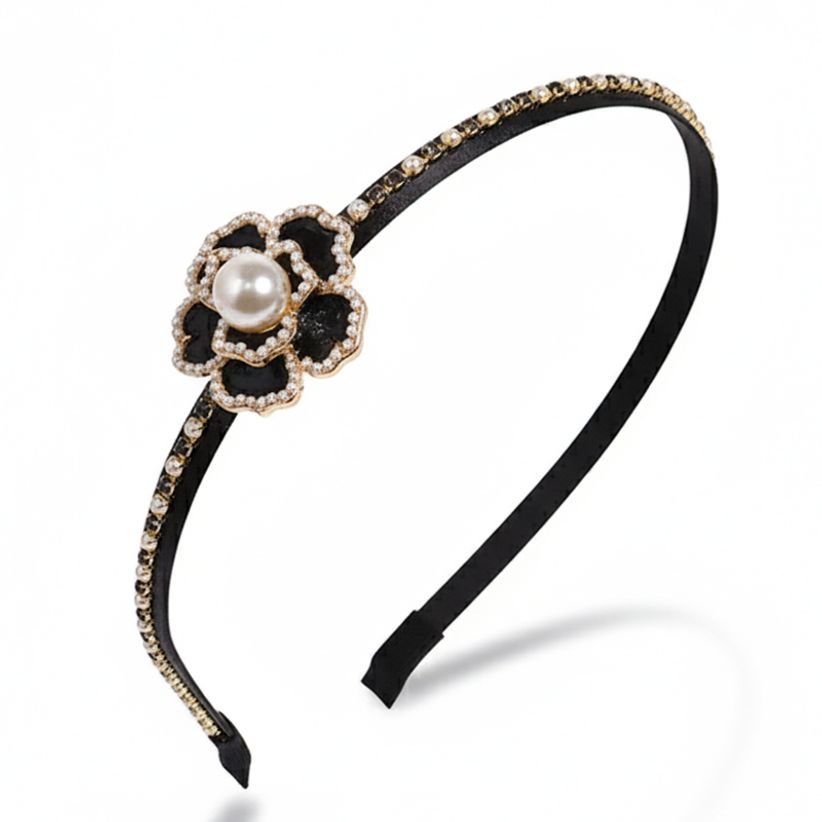 클래식 진주 지르코니아 로얄 까멜리아 장미 머리띠 블랙