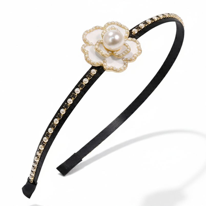 클래식 진주 지르코니아 로얄 까멜리아 장미 머리띠 화이트