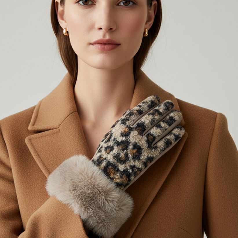 클래식 레오파드 뽀글이 양털 호피 퍼 스마트터치 장갑 브라운