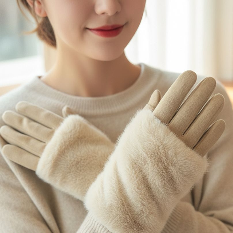 더블 레이어 스웨이드 퍼 스마트 터치 7종 토시 장갑 베이지