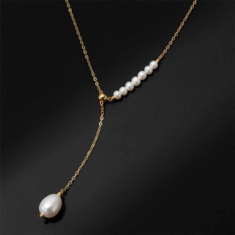연장 심플 써지컬 목걸이 언발란스 담수진주 골드